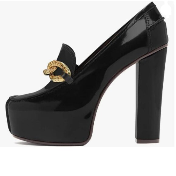 XYD Black Chunky Heels Platform Loafers Almond Toe Slip on Metallic Chain Pump - Picture 1 of 8